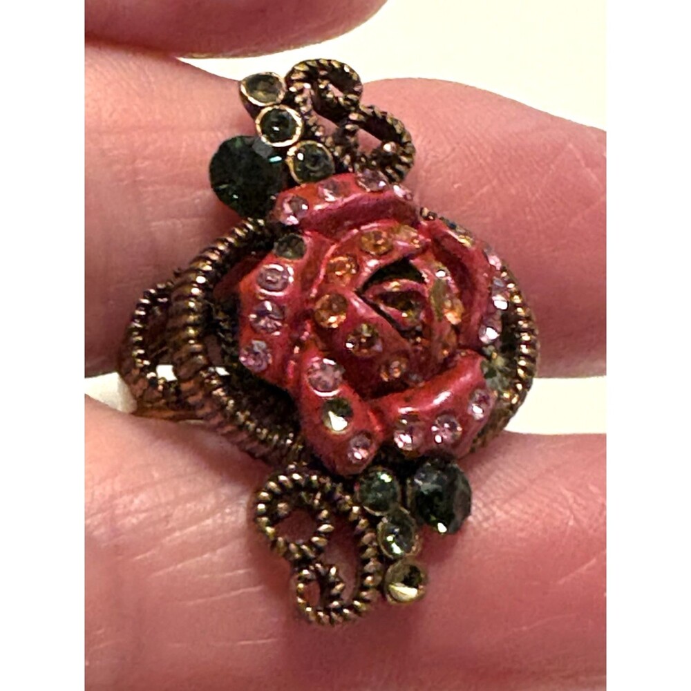 Vintage Red & Green Rhinestone Rose Adjustable Statement  Ring Costume Jewelry